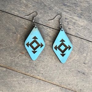 Turquoise Aztec Tribal Patterned Long Dangle Wood Earrings